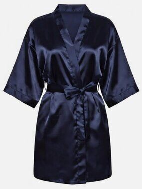 Women's Satin Dark Navy Blue Short Kimono Style Silhouette Robe in L. Like New